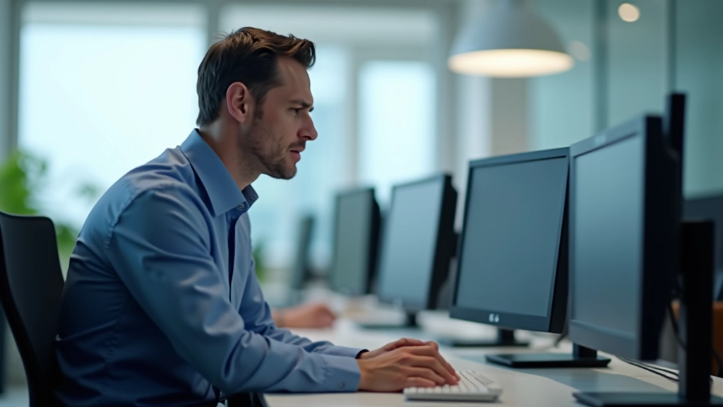 Manager reviewing multiple dashboard screens with overwhelming data and colorful charts in an office environment