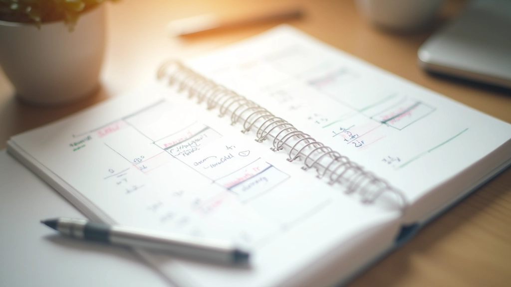 Closeup of daily planner with handwritten notes, priorities, and time blocks organized on page