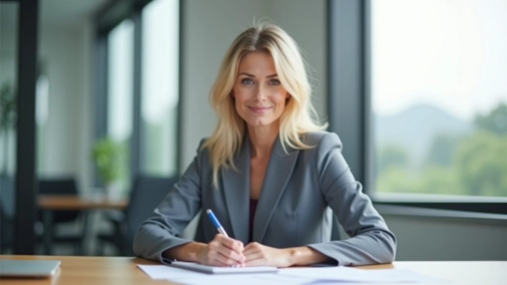Manager working at desk with notepad, planning and prioritizing tasks, focused expression, bright natural office lighting